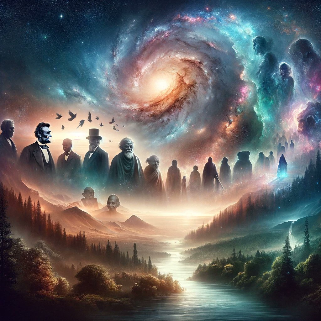 oureternalquest's tweet photo. Contemplating the cosmic dance of existence: the world, a fleeting dream in the vastness of eternity. Great souls like Lincoln and Gandhi graced this stage, yet all is transient. Let us cherish each moment and strive for goodness while we're here. #cosmicdream #transience https://t.co/mre054ju2G