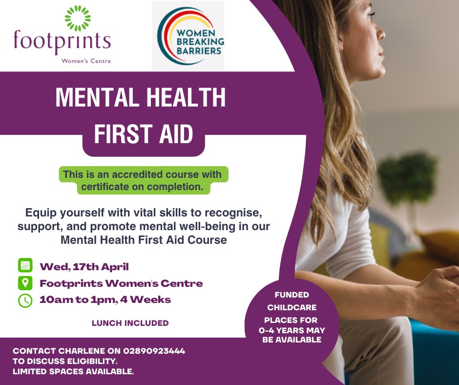 🎉Exciting news! Footprints Women's Centre is offering a Mental Health First Aid course🧠 Equip yourself with crucial skills to recognize, support, and promote mental well-being.💡 Interested? Contact Charlene at 02890 923444 to discuss eligibility.📞