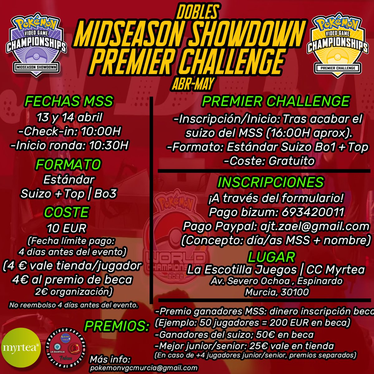 PokemonMurciaa's tweet image. Lo pedíais y aquí lo tenéis...

🏆Doble Mid Season Showdown y Premier Challenge en Murcia

🗓️Abril: Sábado 13 y Domingo 14 

📍CC Myrtea | La Escotilla | Murcia, España

🎫Inscripción 13 Abril: forms.gle/u1d5jxHGRtdMhY…
🎫Inscripción 14 Abril: forms.gle/Bb564fXr9tEQYR…

¡Nos vemos!🤩