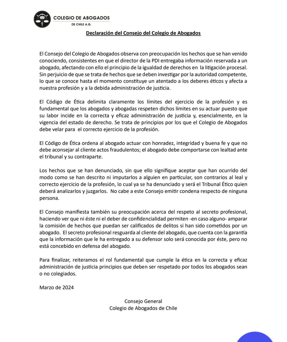 Declaración del Colegio de Abogados de Chile A.G. por entrega de información reservada por parte del director de la PDI, a un abogado, en el marco del caso Hermosilla.
