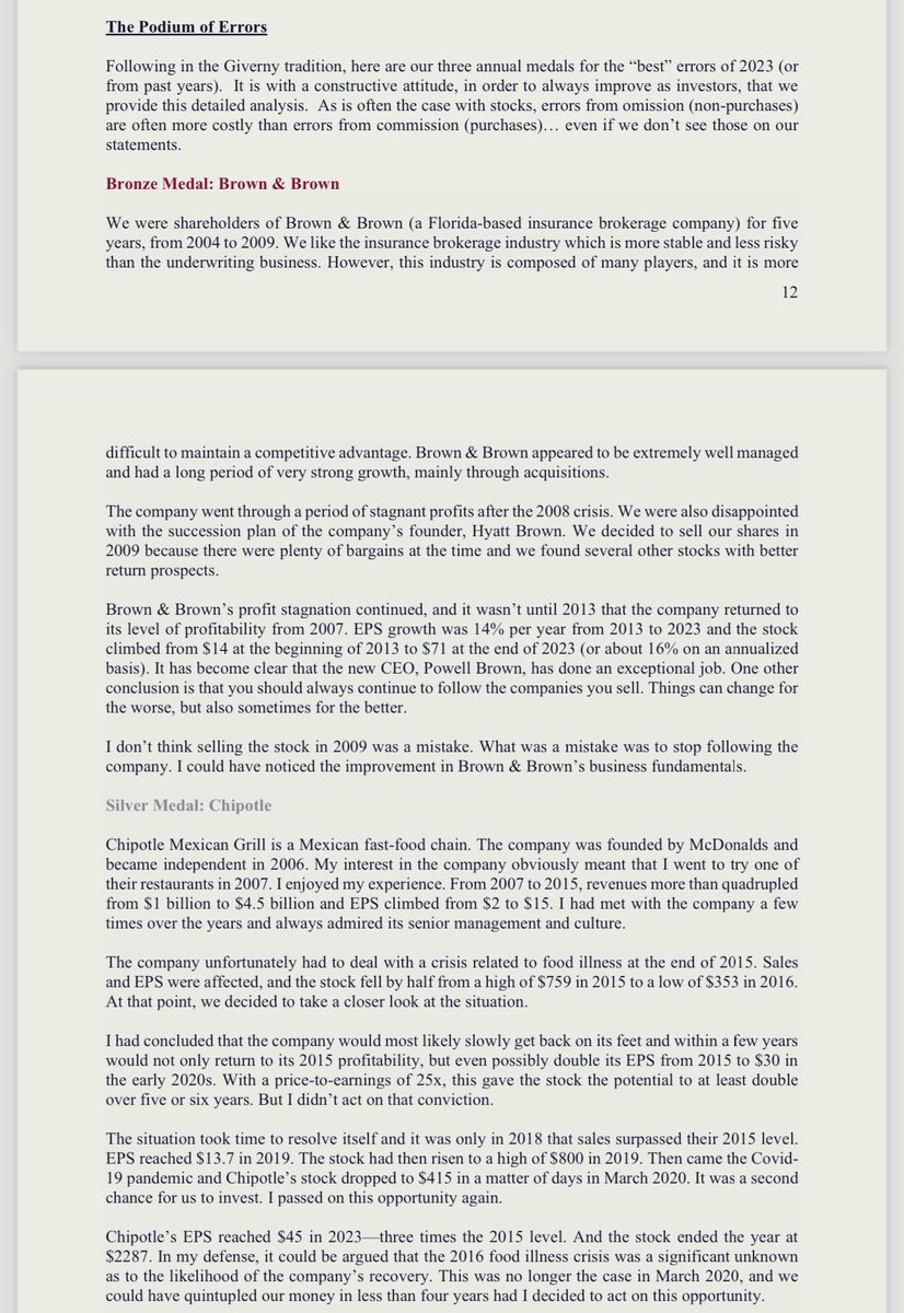 rlnarayanan's tweet photo. 365 days of learning
#learning365
Learning fom one’s mistake is good but learning from others is better but if the other is wise, you also become wise.
This is much true for #investments #investors or #traders
Source : Giverny capital letters
Especially the golden mistake
The “Golden Mistake” refers to the overlooked opportunity with Novo Nordisk, a company with a strong competitive position in diabetes care. Despite recognizing its potential, the investor failed to act on the insight, missing out on substantial growth.
“The investor, aware of the firm’s advantages and consistent growth in the pharmaceutical sector, hesitated, resulting in a missed opportunity for substantial investment returns. This case is a stark reminder that thorough analysis must be coupled with timely action to capitalize on long-term investment opportunities.
The necessity of continuous due diligence even after divestiture, as the Brown & Brown case shows how changes in management and strategy can significantly alter a company’s trajectory”
The evaluation of crisis response and long-term potential during turbulent times, as seen in Chipotle’s example, where a robust recovery strategy could signal underlying strengths.
The criticality of recognizing and acting on long-term value, as with Novo Nordisk, where consistent performance and sector leadership warranted a closer look and potential investment despite seeming overvaluation.
In essence, these narratives serve as a study in vigilance, resilience, and foresight in investment strategy.
In essence the key learning for today
from this letter would be
1.Monitor investments continuously, even after selling.
2.Evaluate long-term potential and management’s crisis response.
3.Don’t let perceived overvaluation prevent investing in a strong company.
4.Learn from missed opportunities to improve future investment decisions.
