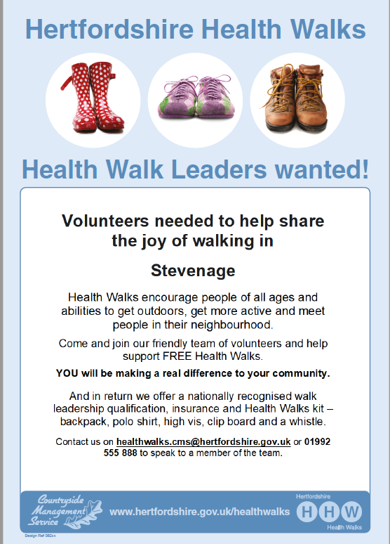 New free Health Walks in Stevenage, Hemel Hempstead, Ware and Borehamwood. We offer 100 walking opportunities for all fitness levels across Hertfordshire.  Find a walk near you on hertfordshire.gov.uk/healthwalks   If you love walking, why not join our team of 250+ volunteers?