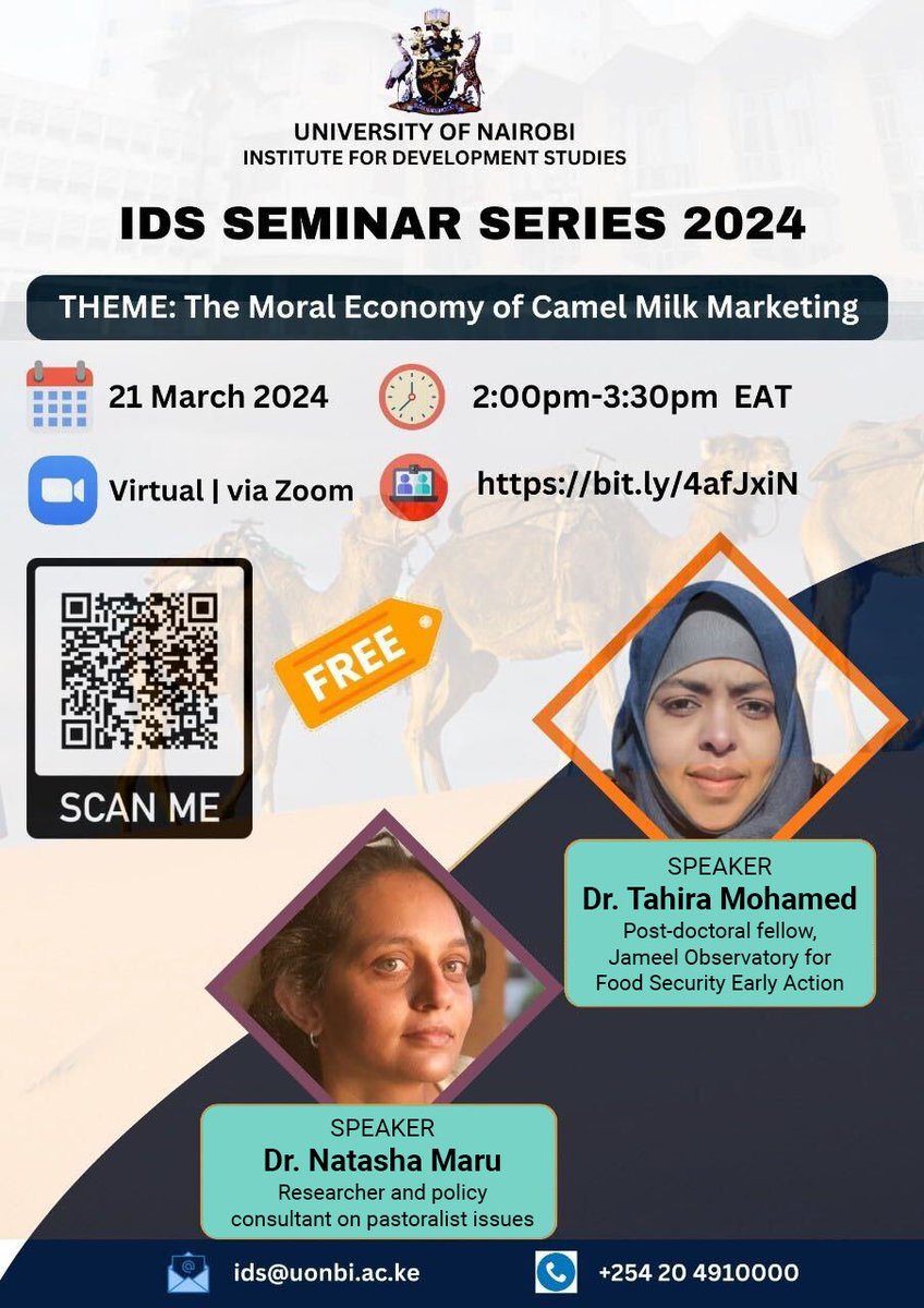 🐪 Join @jameel_observ fellow @twahirah3 speaking with @natasha_maru about camel-milk marketing and its impact on pastoralists in a free online seminar. 📆 21 March, 14h-15h30 Nairobi time 🎟️ Register here: bit.ly/4afJxiN