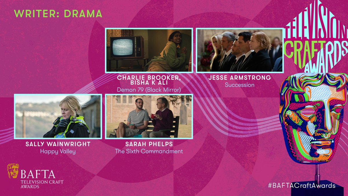BAFTA's tweet image. The Writer: Drama nominees are…

CHARLIE BROOKER, BISHA K ALI Demon 79 (Black Mirror)
JESSE ARMSTRONG Succession
SALLY WAINWRIGHT Happy Valley
SARAH PHELPS The Sixth Commandment

#BAFTACraftAwards