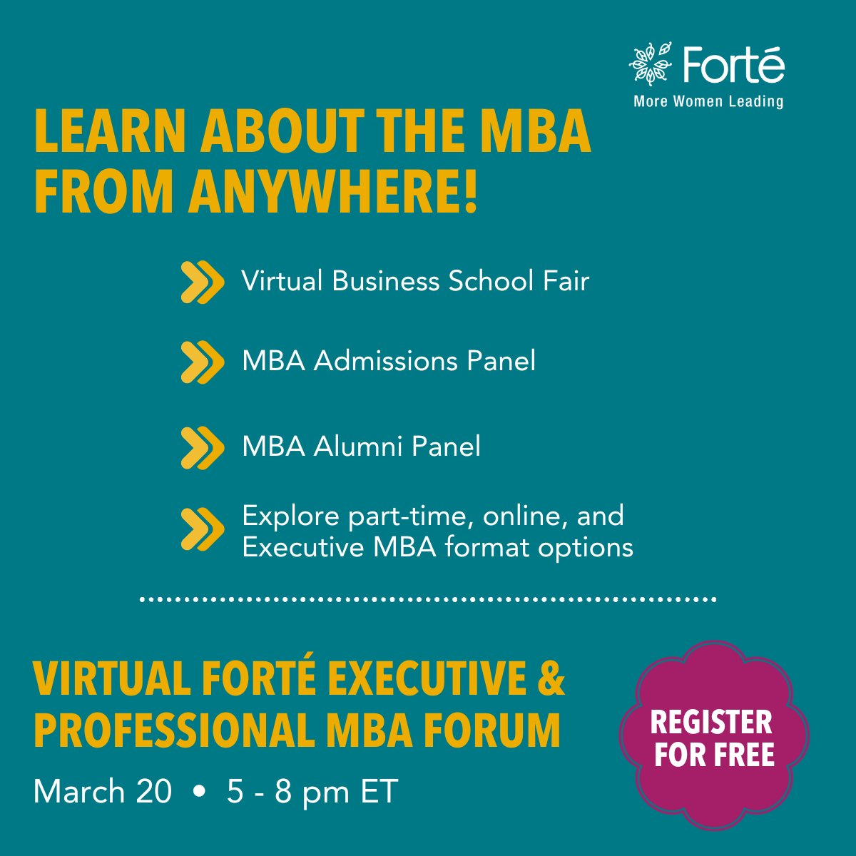 Considering a part-time, online, or Executive #MBA? Join us tonight at the Virtual Forté EMBA Forum. Connect with 40+ b-school reps, get admissions tips, and hear from MBA alumni. The best part? It's free and you can attend from anywhere! #MoreWomenLeading ow.ly/kCSb50QXklK