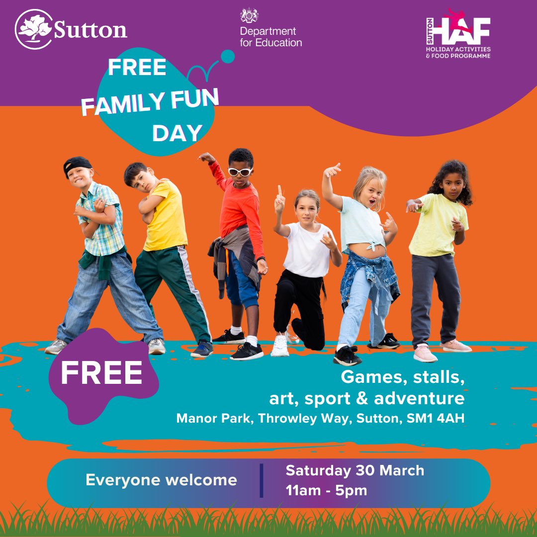 Sutton, mark your calendars and join us for an exhilarating day of family fun at Manor Park in Sutton on Saturday 30 March, from 11am to 5pm. Packed with a programme of engaging activities, sure to be a highlight for families this Easter. @SuttonCouncil 👇 sutton.gov.uk/w/fun-filled-f…