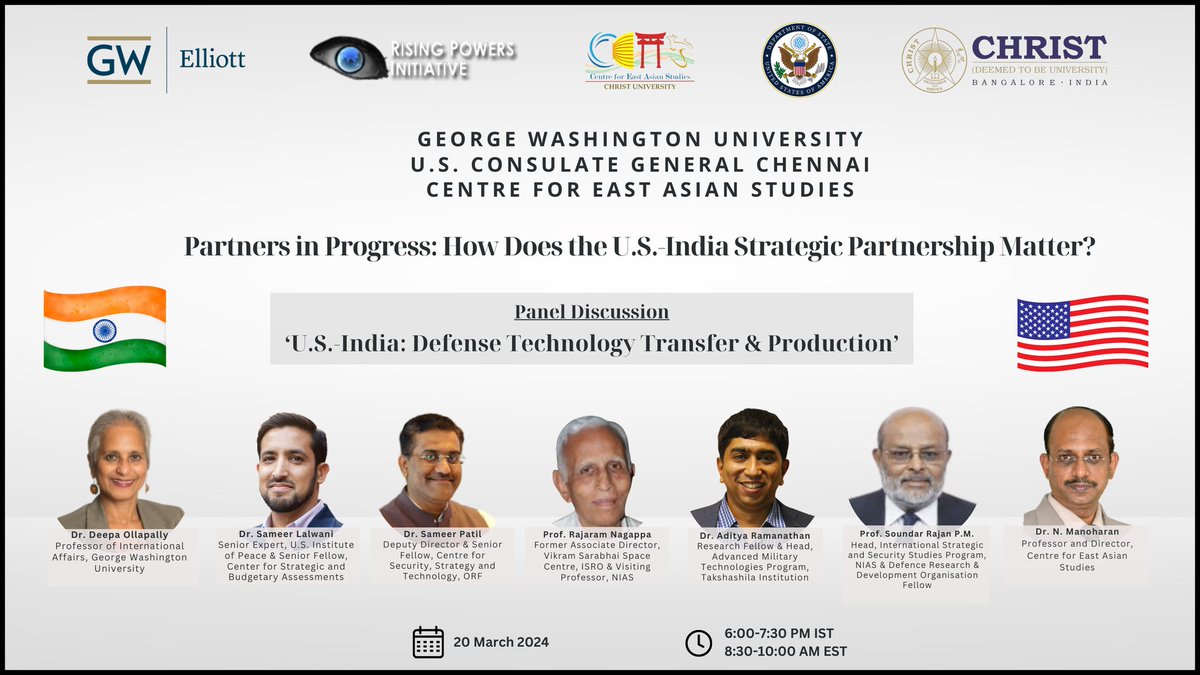 The panel discussion organised by the Centre for East Asian Studies, Christ University, in collaboration with Elliott School of International Affairs, George Washington University and the U.S. Consulate General Chennai has begun.

🧵 Live updates thread below: