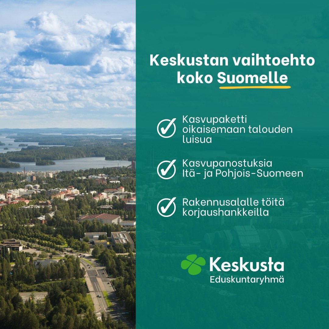🇫🇮🍀 Suomi on tuhansien mahdollisuuksien maa. Suomen jokaisessa kolkassa on vahvuuksia, joita vahvistamalla on mahdollista luoda elinvoimaa ja uusia mahdollisuuksia. Kaikille suomalaisille.

📈🍀 Keskustan vaihtoehto on rakentava vaihtoehto, joka vahvistaisi koko Suomea.