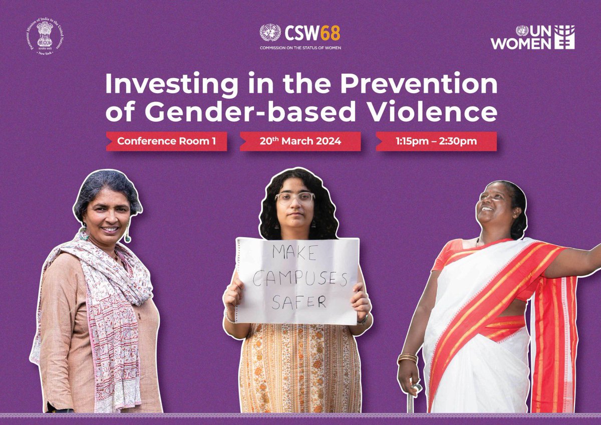 Ending violence is our collective responsibility. Join our discussion at #CSW68 on ‘Investing in Safe Spaces’ with @ruchirakamboj @IndiaUNNewYork @_DanSeymour @arusridhar @smitabharti_  & Rossitza Krueger ⏰1:15pm EDT, 10:45pm IST. Join us here - webtv.un.org/en/asset/k1j/k…