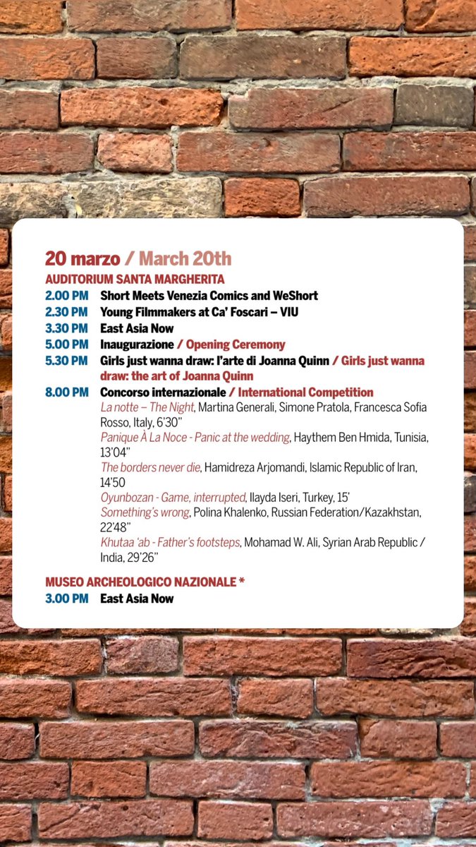 First day of the Ca' Foscari Short Film Festival, take a look at today's schedule. We're waiting for you!

#cafoscarishort #shortfilm #venice #cafoscari