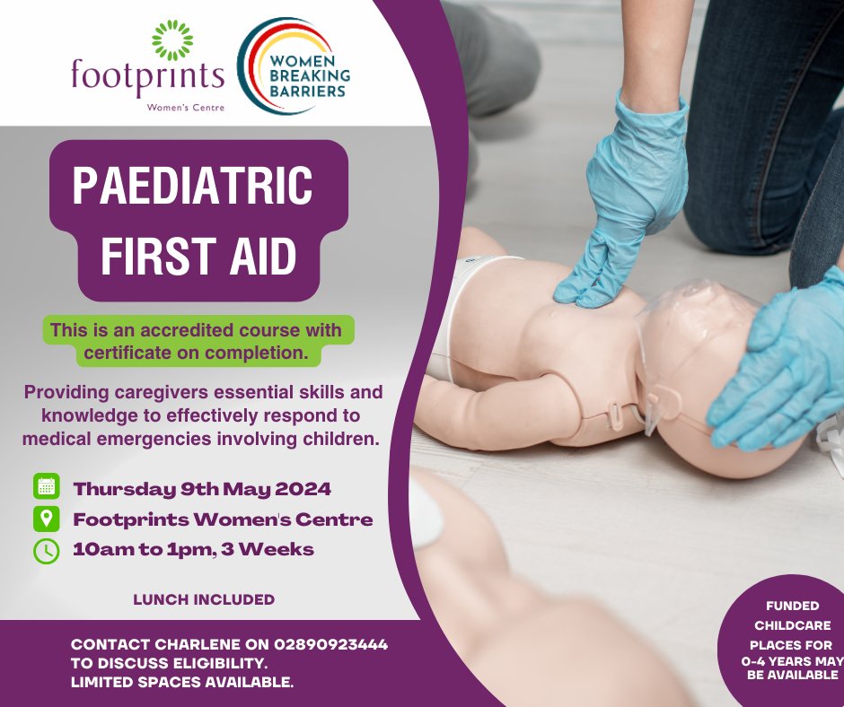 👶Exciting news! Footprints Women's Centre is offering a Paediatric First Aid course. Equipping individuals with essential skills and knowledge to respond effectively to medical emergencies involving children. Interested? Contact Charlene on 02890 923444 to discuss eligibility.📞