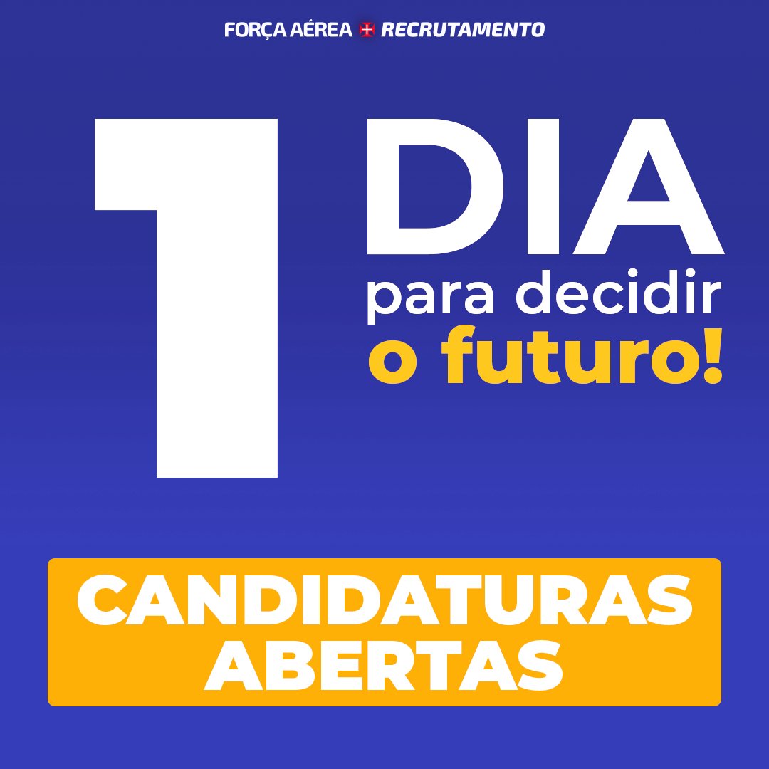 fap_pt's tweet photo. 🕘 O tempo não pára! 🕘
Falta apenas um dia para terminarem as candidaturas!
Todos os segundos contam neste concurso para
Oficiais e Praças, em Regime de Contrato!
Candidaturas em👉 https://t.co/EScrjApkWC
#ForçaAérea #CRFA https://t.co/oXqp1m9ZsG