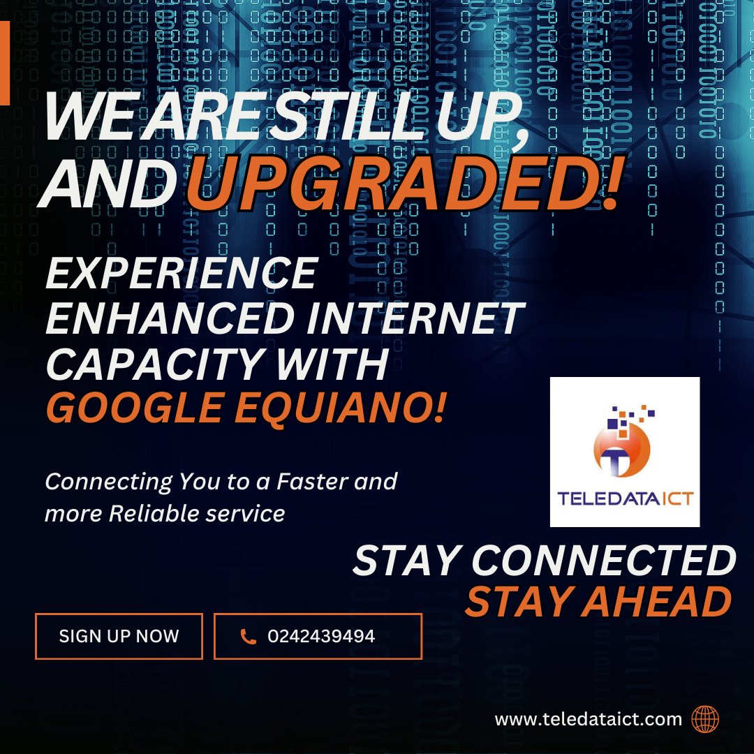 TeledataICT's tweet photo. Excited to announce our internet services have been enhanced! 🚀 We've upgraded with extra bandwidth on the Equiano cable for unmatched reliability and speed. Thanks for your patience—our network is now stronger and faster than ever! 💪 #InternetUpgrade https://t.co/hIPno7Tkbw