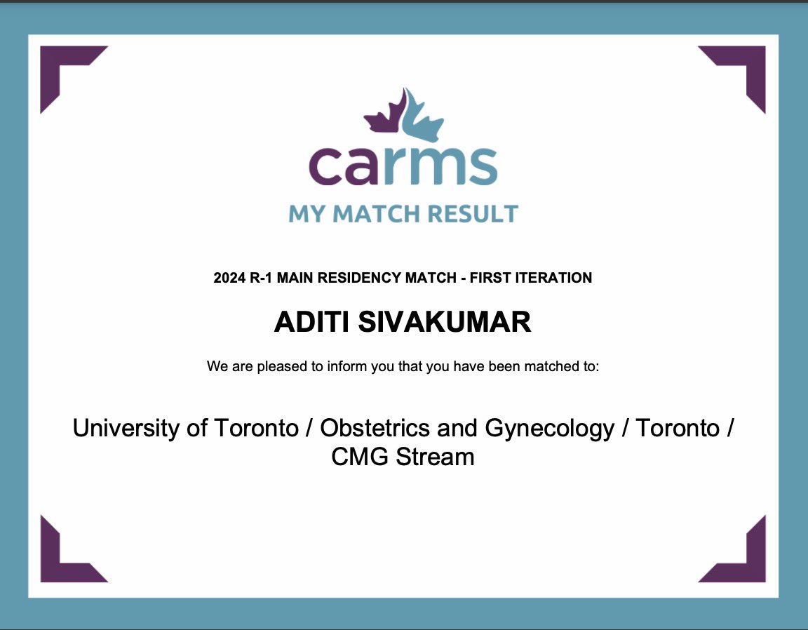 Beyond excited to have matched into my dream Obstetrics and Gynecology program! I couldn’t have done it without my incredible mentors! 💙

#Match2024 #carms2024 #CaRMSMatch #wcah #SRHR 

@uoftobgyn @FlaviaBustreo @DrDorothyShaw @SOGCorg @FIGOHQ @PMNCH @DocsforChoice