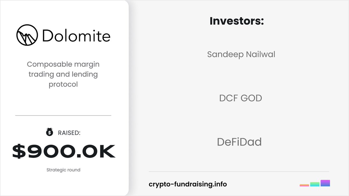Composable margin trading and lending protocol @Dolomite_io raised $900k in a Strategic funding round from @OpticCapital, @sandeepnailwal, @dcfgod, @0xMarcB, @DeFi_Dad, @sobylife, @AltcoinSherpa, @Pentosh1. 
crypto-fundraising.info/projects/dolom…