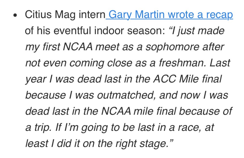Gary Martin (@gary_martin20) on Twitter photo Recapped my whole indoor season from a 3k PR in January to tripping at nationals in March in this week’s <a href="/TheLapCount/">The Lap Count | Track & Field Newsletter</a>. Check at the full recap on the <a href="/CitiusMag/">CITIUS MAG</a> website too! citiusmag.com/articles/gary-… Recapped my whole indoor season from a 3k PR in January to tripping at nationals in March in this week’s <a href="/TheLapCount/">The Lap Count | Track & Field Newsletter</a>. Check at the full recap on the <a href="/CitiusMag/">CITIUS MAG</a> website too! citiusmag.com/articles/gary-…