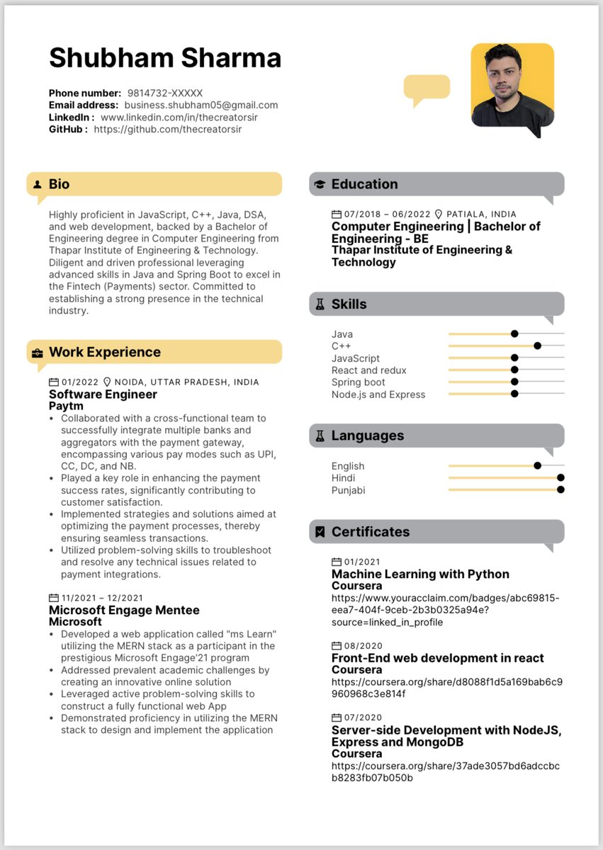 shubham1_sharma's tweet image. This Resume has a Score of more than 90 🚀

I have personally used this single-column resume in my job hunting and got amazing results.

I am sharing the exact way how I have created this 🧵

(1/n)