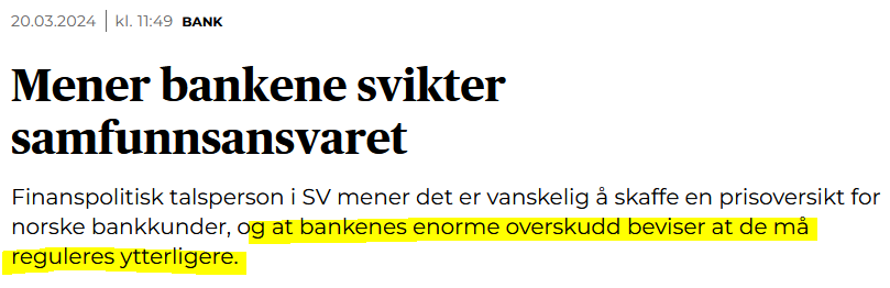 Les stadig om folk som er misfornøyde med at bankane tjener penger, men sjeldan nokon som seier noko om kva resultatnivå / eigenkapitalavkastning dei meiner er akseptabelt.
