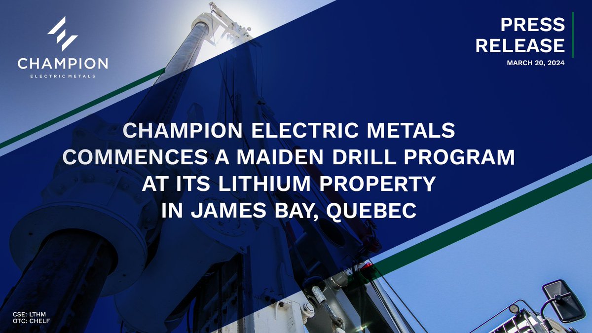 📰  NEWS → Champion Electric Metals Commences a Maiden Drill Program at its Lithium Property in James Bay, Quebec • Up to 2,500 m of drilling focusing on the Western Prospect • Close to Patriot Battery Metals’ Corvette & Winsome Resources’ Cancet Projects • Gravity survey…