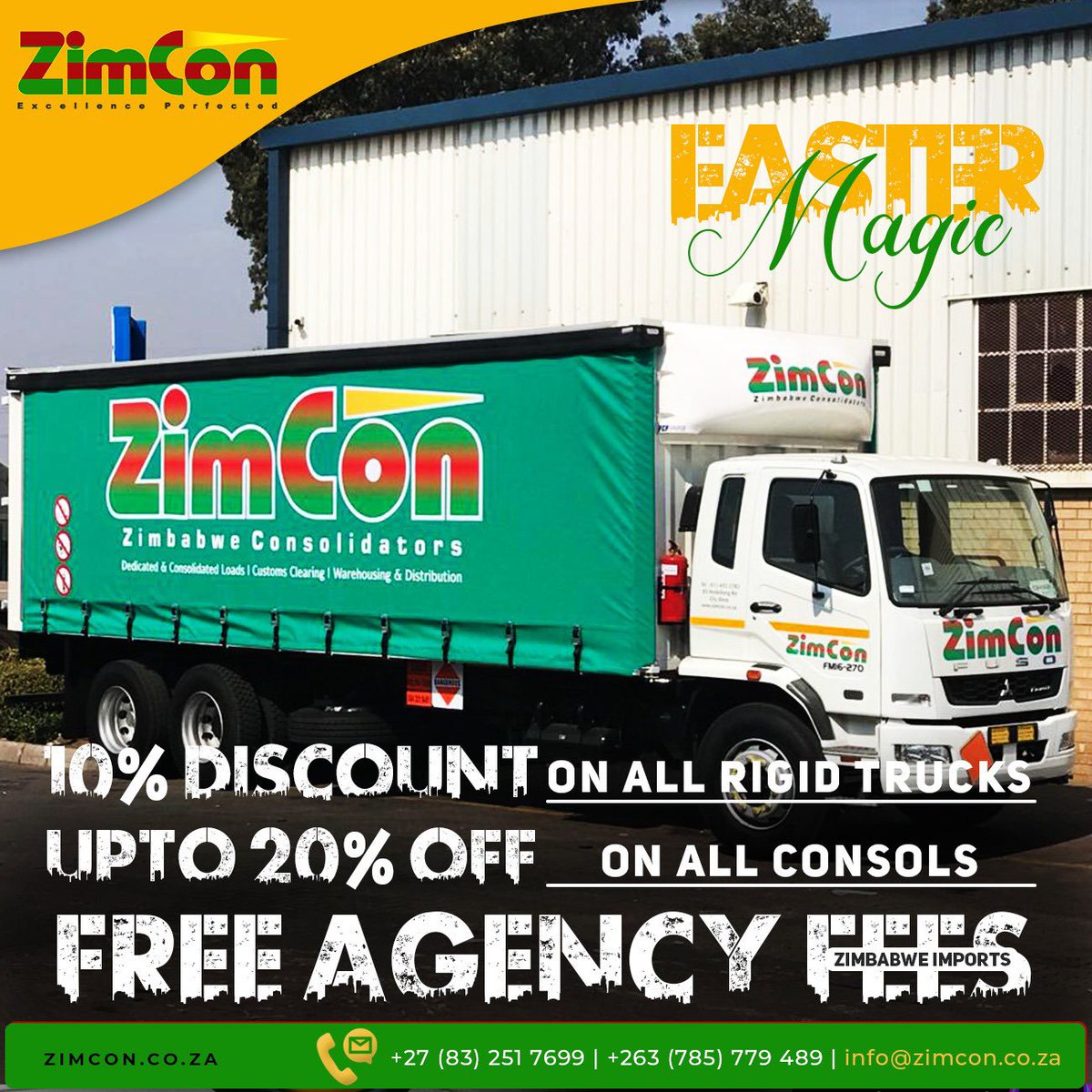 mudzinc's tweet photo. Don't miss out on ZimCon's Easter Promotion! Enjoy a 10% discount on Rigid trucks, up to 20% off on consolidated loads, and free import clearance. Upgrade your logistics game this Easter. Limited time offer, so act fast!
.
.
.
.
.

#roadfreight #transport #transportation #logistics #customs #clearing #freight #freightforwarding #warehousing #distribution #consolidation #ZimConEasterPromo #LogisticsSpecials #EasterPromotion