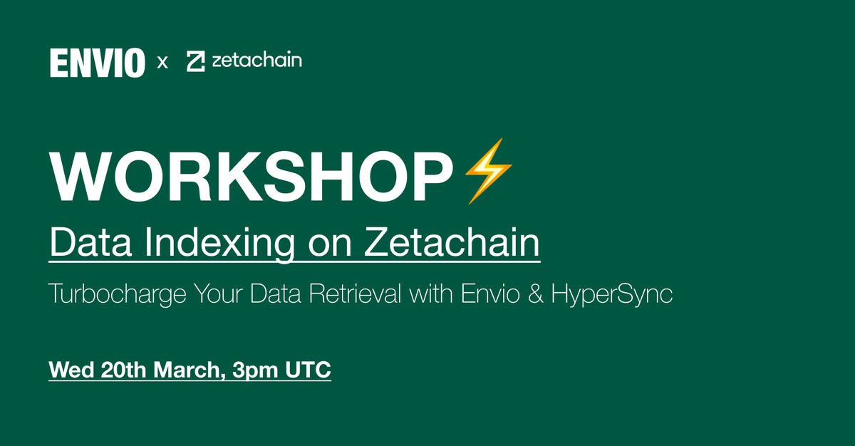 Envio 🤝 Zetachain Data Indexing Workshop. Zetachain is an omnichain blockchain and developer platform that connects any L1 & L2 allowing devs to build truly interoperable dApps. Discover how Envio empowers builders and apps on @zetablockchain, with 100x faster sync speeds than…
