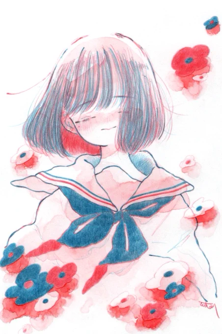#知名度を上げたいので拡散してください水彩や色鉛筆でセーラー服少女を描きます。 