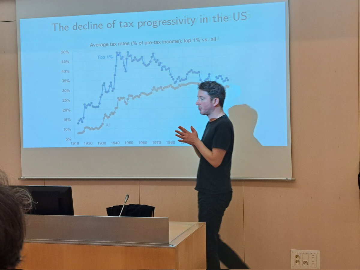 Very interesting talk today by @gabriel_zucman at @econ_empresaUPF, on who pays taxes and how to think about the effects of tax reforms 📉