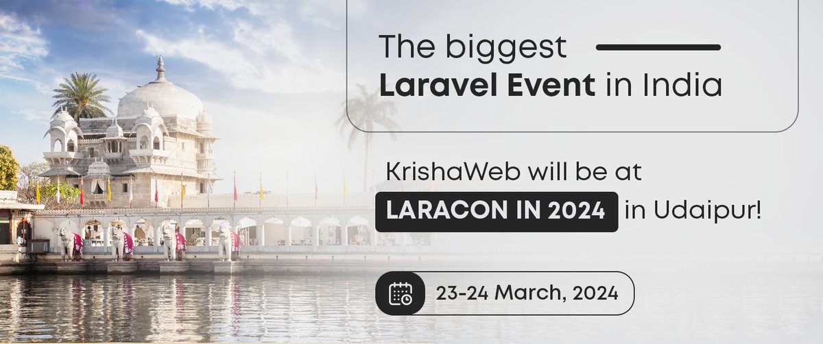 #LaraconIN 2024: The biggest #Laravel and #PHP event featuring national and international speakers discussing Laravel, PHP and #VueJS. Catch up with the #KrishaWeb team in Udaipur to explore the community-led and community-driven conference. #LaravelConference #WebDevelopment
