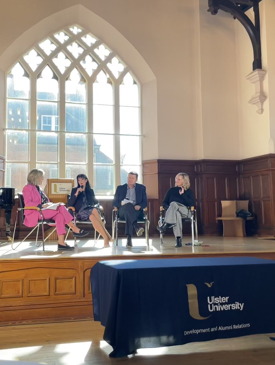 Navigating Health & Wellbeing in the Workplace - @UlsterUni grads Prof @catherinemross Chief Scientific Officer @scotgov and @gregorymccann @FinTrU @Derry_Chamber President in conversation with @wendytalksbizz and Shirley Barrett @UlsterBizSchool in The Great Hall this afternoon