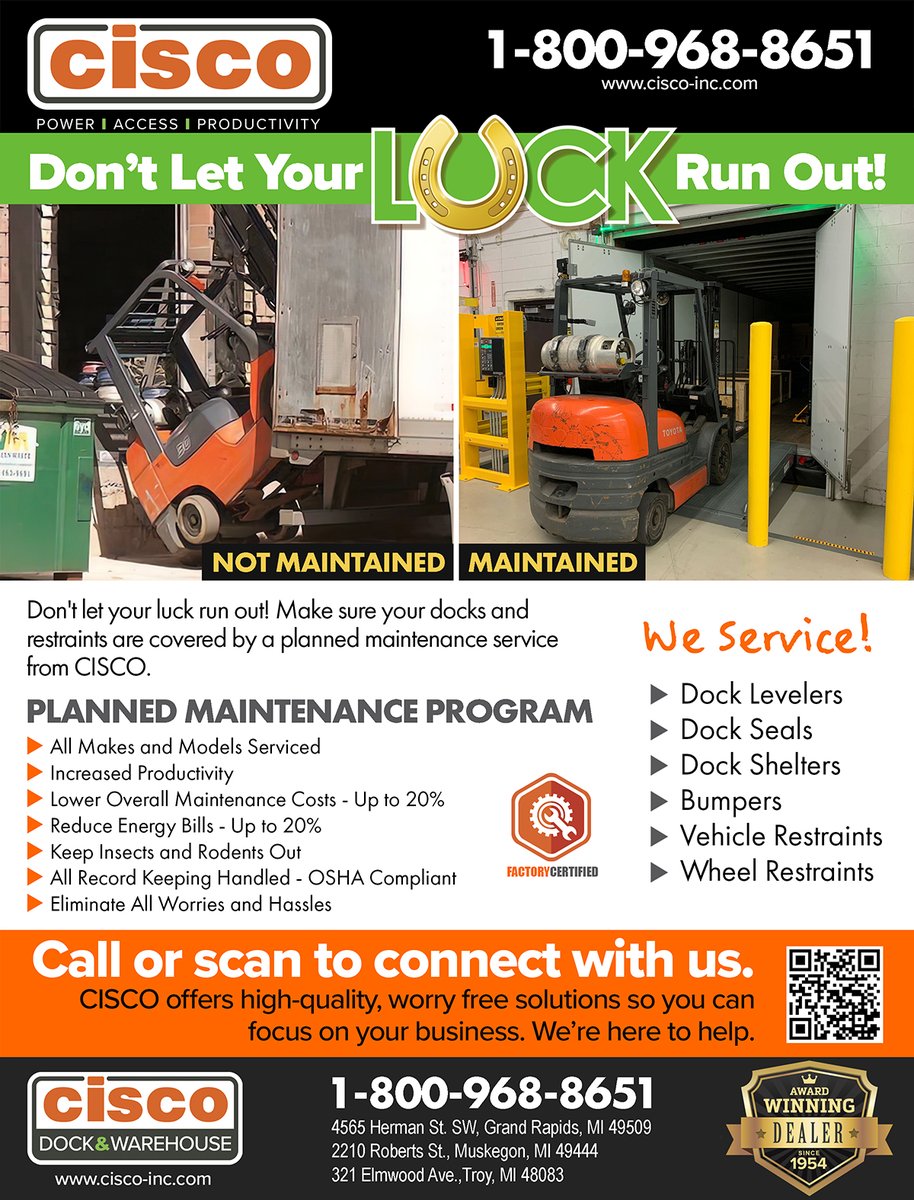 CiscoBatDocDoor's tweet image. Don&apos;t let your luck run out! Make sure your loading docks, dock shelters and restraints are covered by loading dock planned maintenance service from Cisco.

#loadingdocks #plannedmaintenance

cisco-inc.com/blog/view/516/…