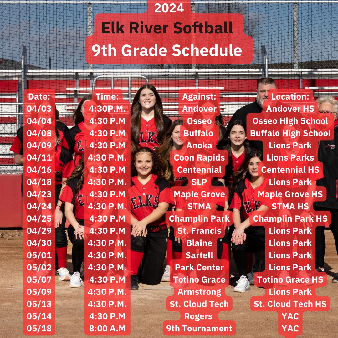 ERHS_SB2022's tweet photo. Hey Elk Fans! Here is our 2024 softball schedule throughout the 3 levels, Some important dates to keep in mind
05/07 against totino grace will be faculty night 
05/14 last regular season game we will be playing at YAC
If we have any canceled or postponed games we send updates. https://t.co/JukGnJP2F2