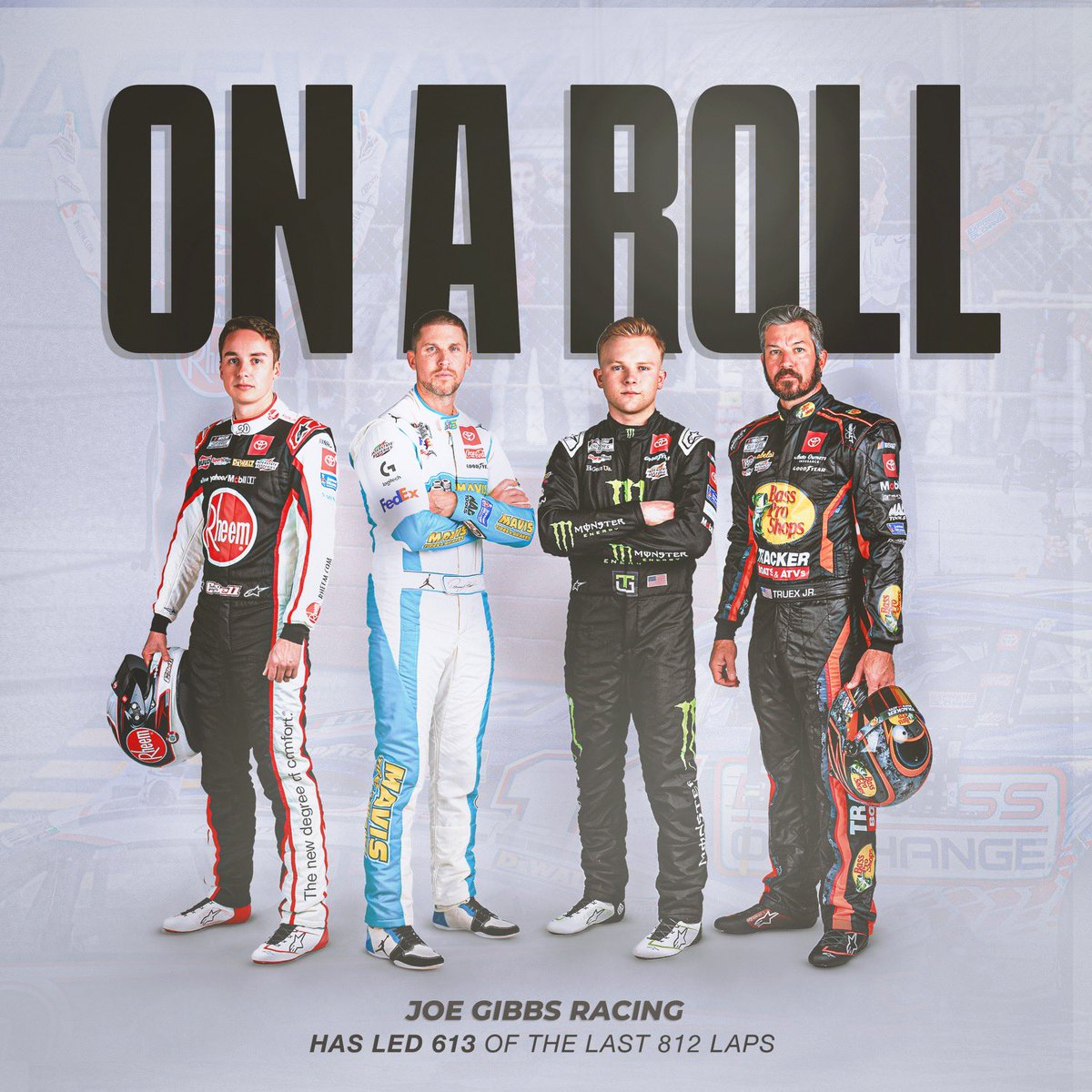 JoeGibbsRacing's tweet image. JGR has led 613 of the last 812 laps. 

#NASCAR