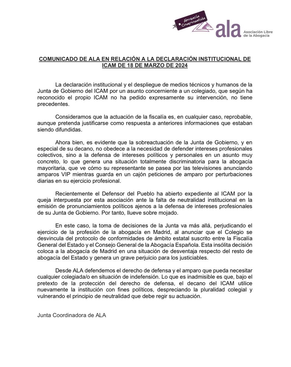 Ante un nuevo aprovechamiento del <a href="/icam_es/">Ilustre Colegio de la Abogacía de Madrid</a> con fines partidistas y a la vista de la discriminación del resto de colegiad@s respecto a la situación de un colegiado en particular, os dejamos nuestra opinión #AbogacíaComprometida 
👇🏼👇🏼👇🏼
ala.org.es/comunicado-de-…