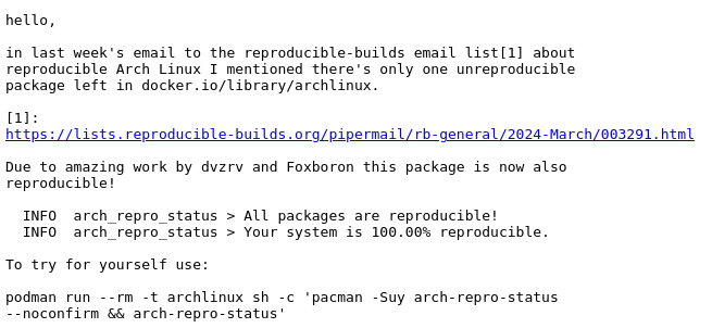ReproBuilds's tweet photo. "@ArchlinuxEn minimal container userland 100% reproducible - now what?"  🔹🔹🔹 https://t.co/SP2EFdNfeP https://t.co/lQDCCaiIYk