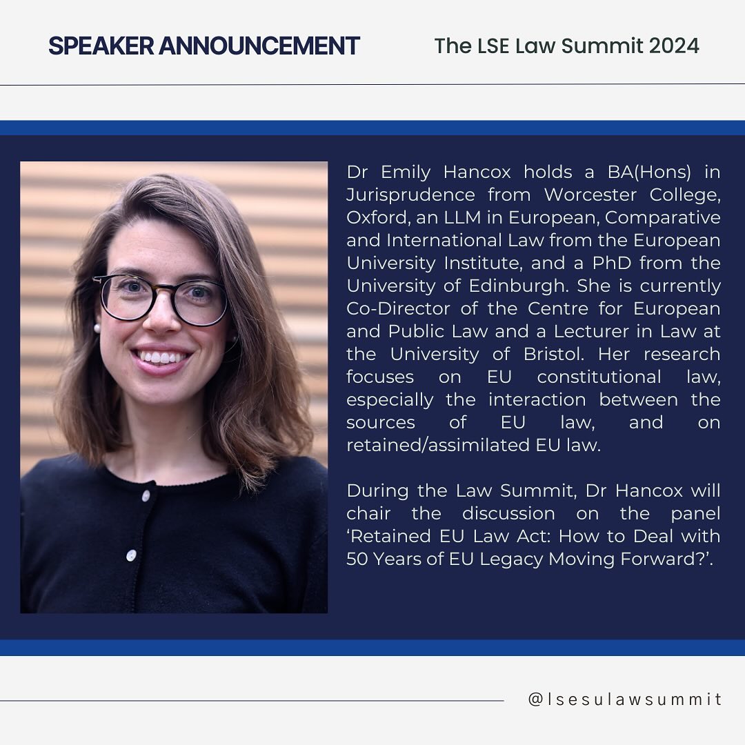 We’re delighted to announce Dr Emily Hancox as the chair for our LSE Law Summit panel on “Retained EU Law Act: How to Deal with 50 Years of EU Legacy Moving Forward.”

Join us for the discussion on navigating the complexities of EU law post-Brexit.

#LSElawsummit