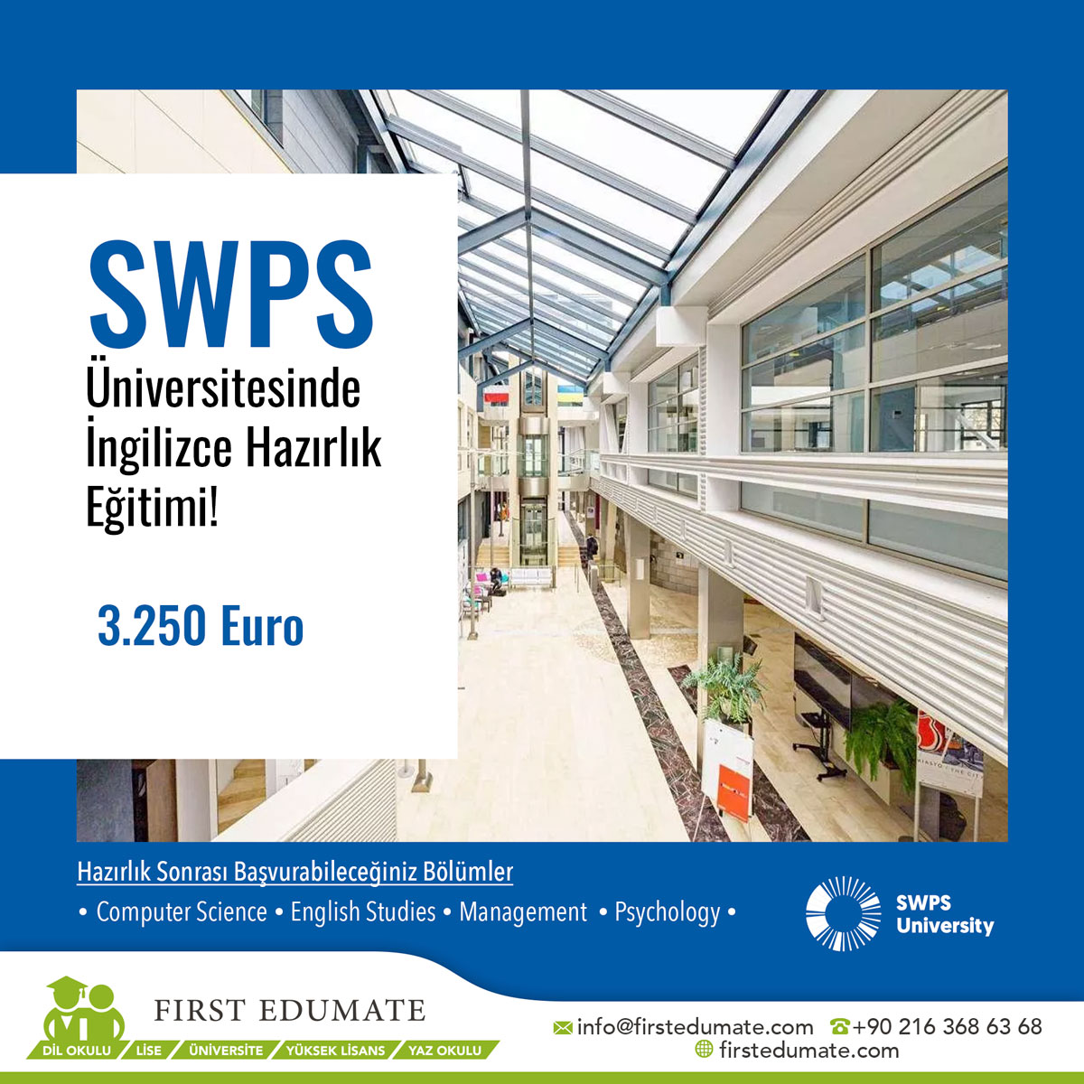 SWPS Üniversitesinde İngilizce Hazırlık Eğitimi!

3.250 Euro

Başvurabileceğiniz Bölümler

Computer Science
English Studies
Management
Psychology

Bilgi İçin:

📩 info@firstedumate.com
🔗 firstedumate.com

#polonya #swps #yurtdisiegitim #firstedumate #keremozis
