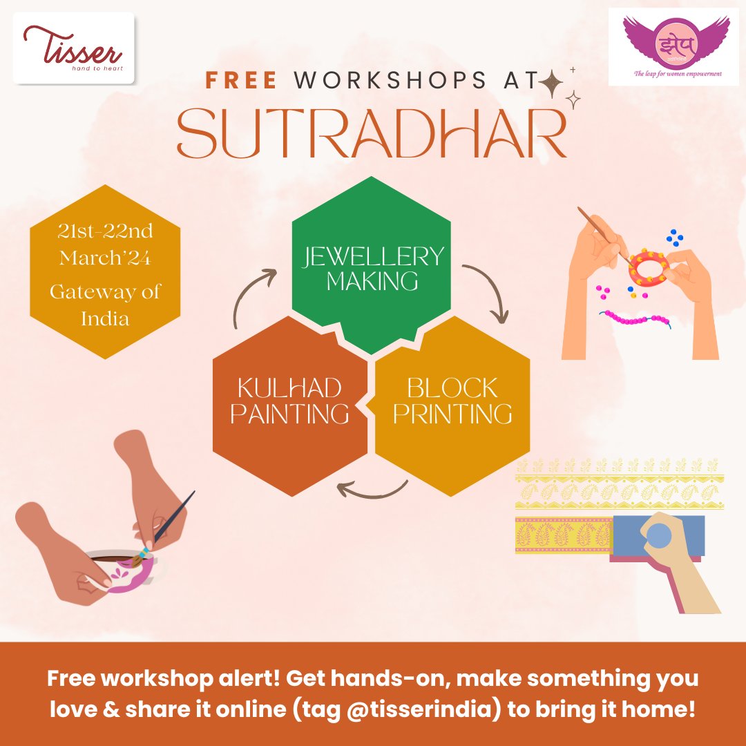 Unleash Your Creativity! Join Our Free Workshops in Jewellery Crafting, Kulhad Painting, and Block Printing on 21st & 22nd of March.
.
.
#CreativeWorkshops #FreeWorkshop #JewelleryCrafting #KulhadPainting #BlockPrinting #ArtisansWorkshop #CraftingCommunity #DIYArt #HandmadeCrafts