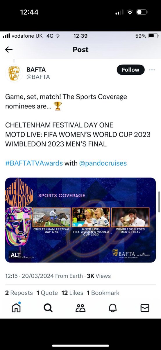 Amazing news that <a href="/itvracing/">ITV Racing</a> have been nominated for another BAFTA for last years <a href="/CheltenhamRaces/">CheltenhamRacecourse</a> Day One coverage. Well done to <a href="/17_bob_trey_o/">Richard Willoughby</a> <a href="/saintmacca76/">paul mcnamara</a> and everyone behind the scenes who made an unforgettable day at the race’s come alive. 🥰🕺🏼