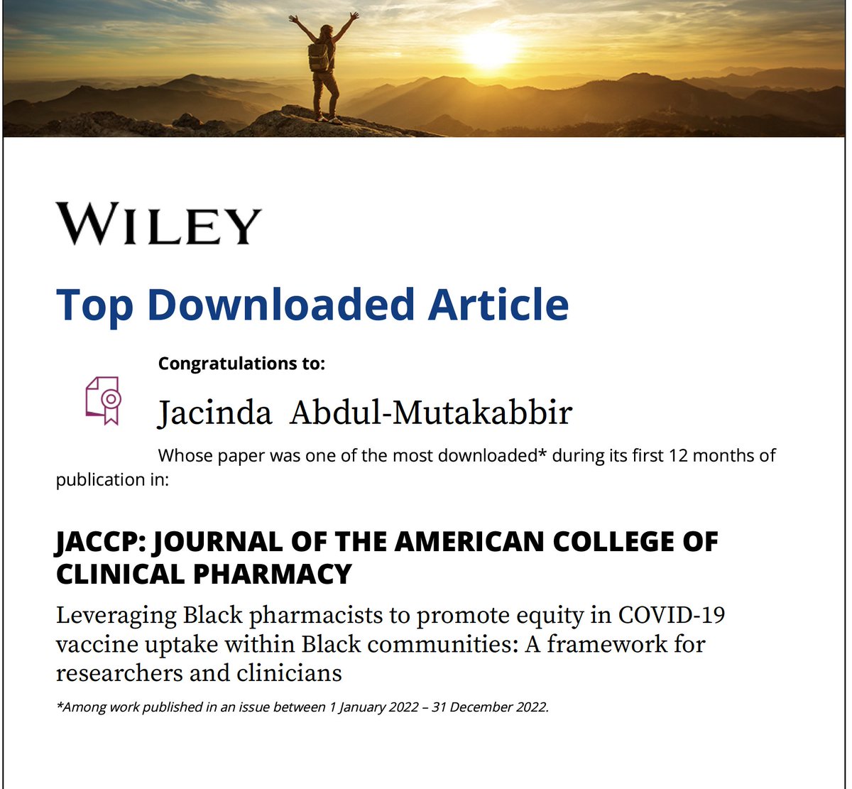 Good news! My article received enough downloads to be a #TopDownloadedArticle in @jaccpjournal! Such a pleasure writing this with my girlfriends!  <a href="/YewyD/">Yewande</a> <a href="/BNS_IDPharmD/">Brenda Simiyu</a> <a href="/RamaraWalker/">Ramara E. Walker, PharmD, BCIDP, AAHIVP</a> <a href="/ID_BugaBoo/">Meshell Maxam</a> #RobbieChristian