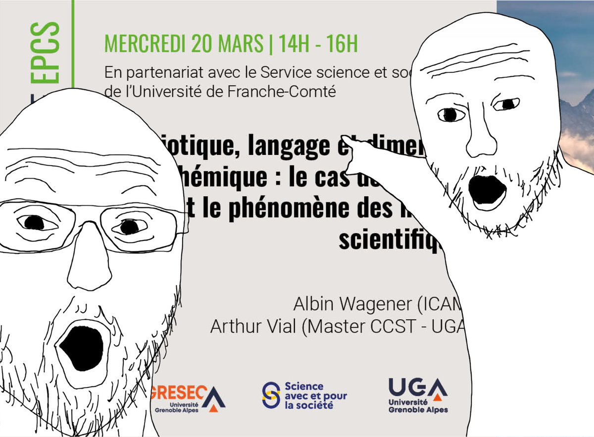 CcstMaster's tweet image. [LIVE TWEET] 🧶
La #conférence “Sémiotique, langage et dimensions pathémique : le cas des #mèmes et le phénomène des mèmes scientifiques” présentée par Albin Wagener, directeur de recherche au sein d&apos;@icam_fr et Arthur Vial, #médiateur chez @sciencesreunion commence maintenant ⤵️