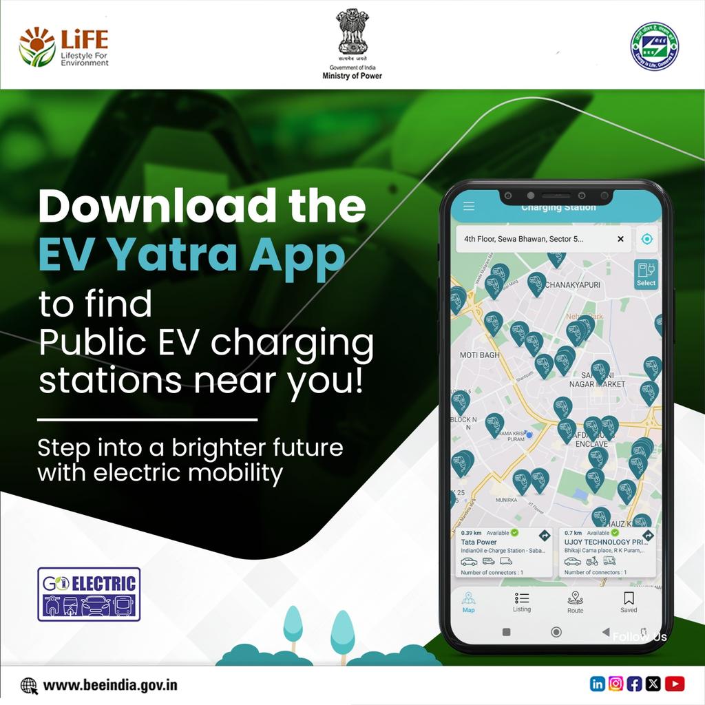 Nearest public EV charging station network is rapidly expanding. Download the EV Yatra App to find your nearest charging station and embrace EV for a brighter tomorrow. #EV #BEE #EnergyEfficiency #PowerSector #EVYatra