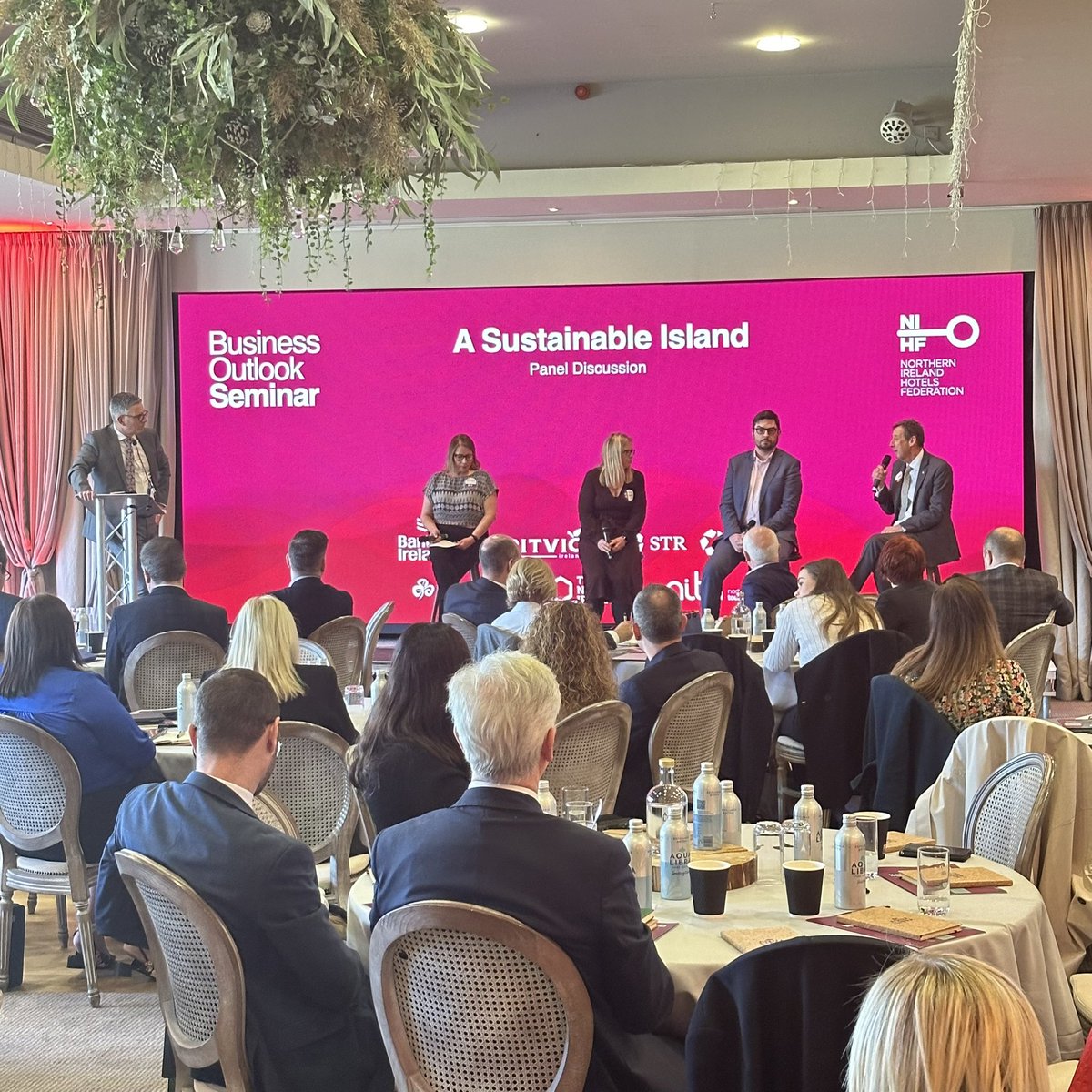 A Sustainable Island Panel Discussion with Jac Callan Visit Belfast, Shane Clarke Tourism Ireland, Alison Leslie Tourism Northern Ireland, Andrew Webb Grant Thornton. #NIHF #BusinessOutlook