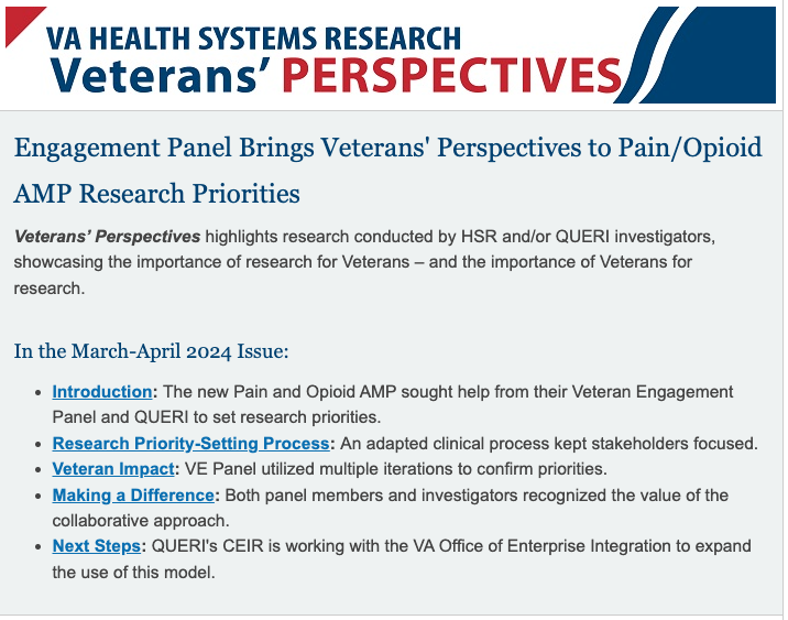 The March-April issue of Veterans' Perspectives is out & looks at Veteran engagement in determining research directions for VA's new Pain and Opioid research portfolio. Learn more: hsrd.research.va.gov/publications/v…