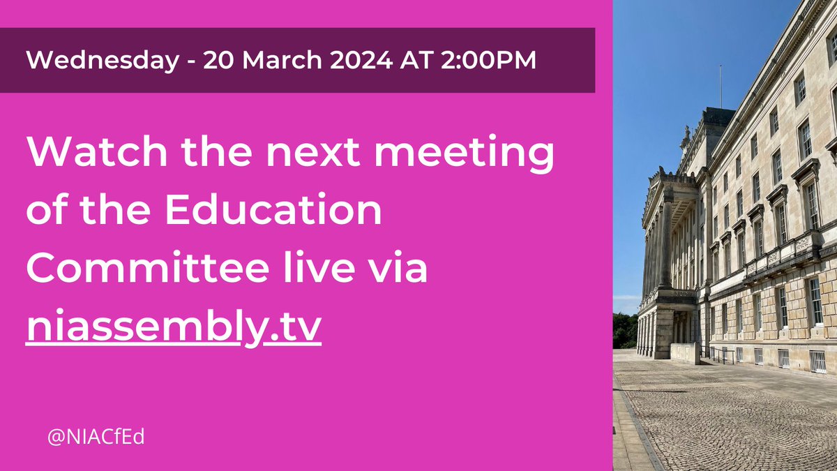 At the next meeting of the Committee for Education we will receive briefings from: 🔵@paulgivan Minister of Education 🔵@MHC_NI 🔵 A panel of Youth Organisations 📅 20th March ⏰ 14:00 📄 Agenda - lk.cmte.fyi/KtLV 🏛️ Room 29 📺 NIA TV (niassembly.tv)