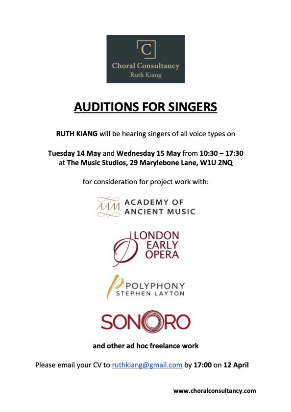 Ruth Kiang (@ruthkiang) on Twitter photo Announcing choral auditions in May for projects with <a href="/AAMorchestra/">AAM</a> , <a href="/LonEarlyOpera/">London Early Opera</a>, <a href="/Polyphony_UK/">Polyphony</a>, <a href="/sonorochoir/">Sonoro</a> and ad hoc work. Please apply by 12 April!
<a href="/ChoralCons/">Choral Consultancy</a> Announcing choral auditions in May for projects with <a href="/AAMorchestra/">AAM</a> , <a href="/LonEarlyOpera/">London Early Opera</a>, <a href="/Polyphony_UK/">Polyphony</a>, <a href="/sonorochoir/">Sonoro</a> and ad hoc work. Please apply by 12 April!
<a href="/ChoralCons/">Choral Consultancy</a>