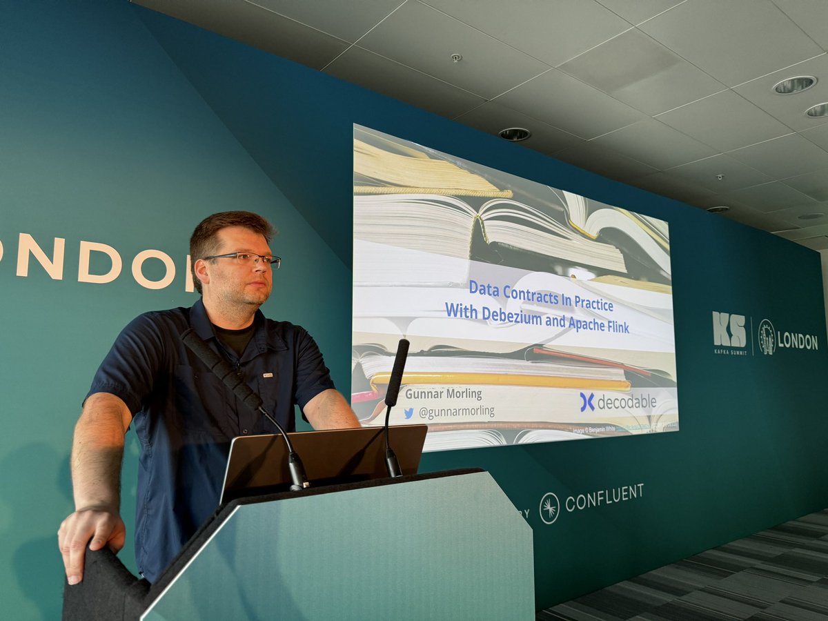 rmoff's tweet image. #kafkasummit @Decodableco’s @gunnarmorling talking about practical implementation of #dataContracts with @debezium and @ApacheFlink