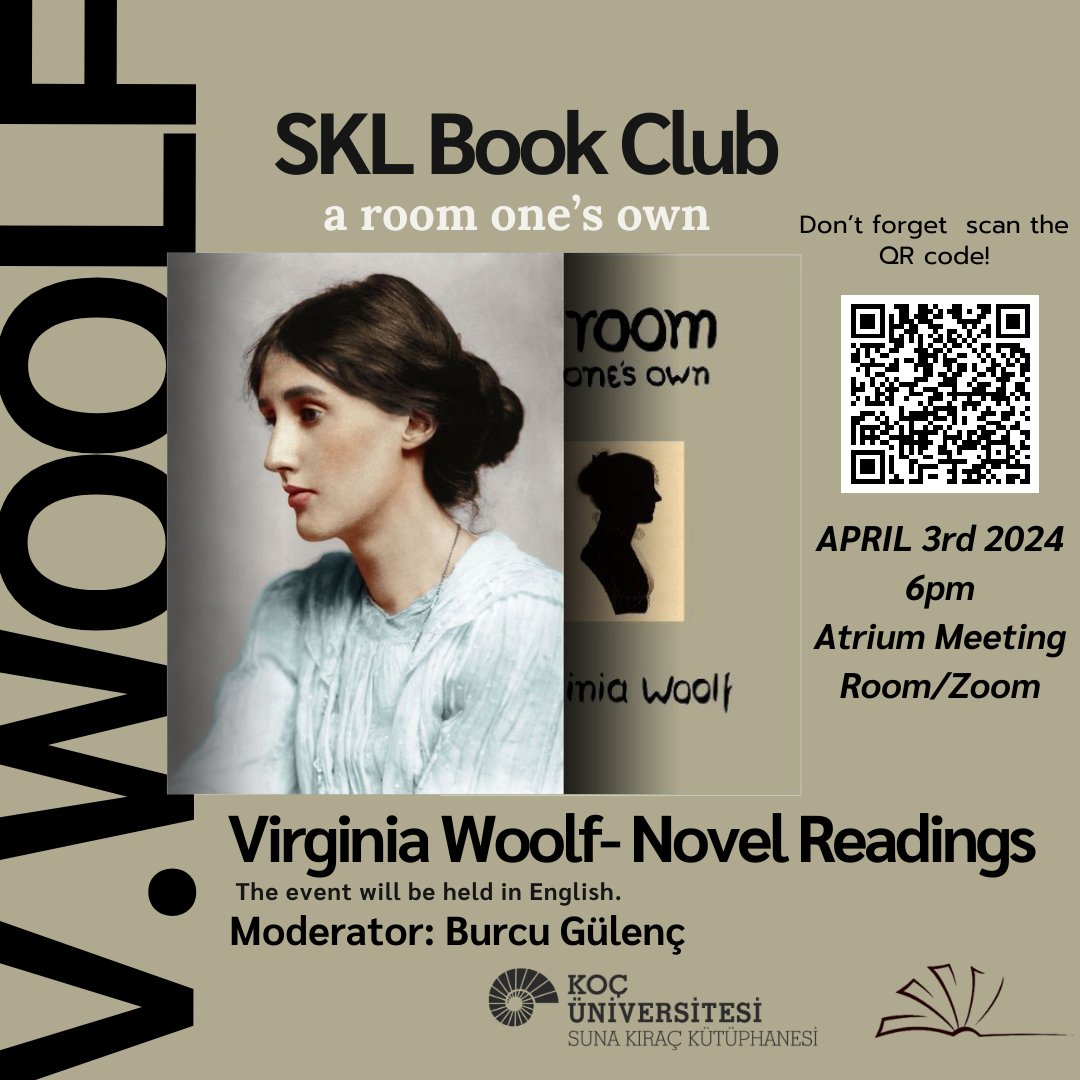 📚 Dive into Virginia Woolf's captivating world with us at the SKL Book Club on April 3rd! 🌟 Moderated by Burcu Gülenç from the @KuEdebiyat , our discussion on 'A Room of One's Own' promises to be enriching and thought-provoking. Don't miss out! 📖 ku.libcal.com/event/4195077