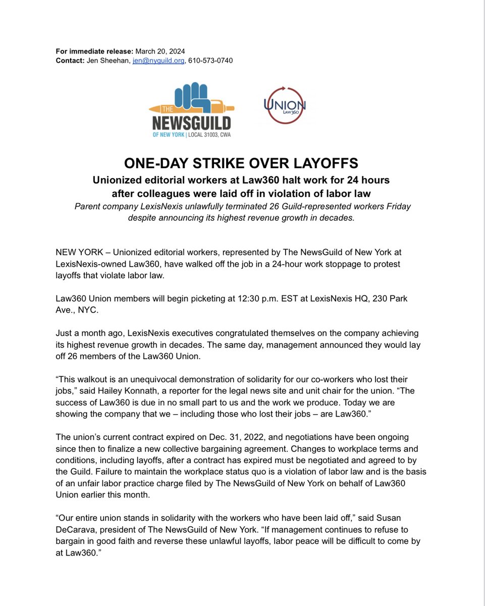 WORK STOPPAGE: Unionized workers at @Law360 have walked out in protest of layoffs that violate law. Read the details here....... nyguild.org/front-page-det…