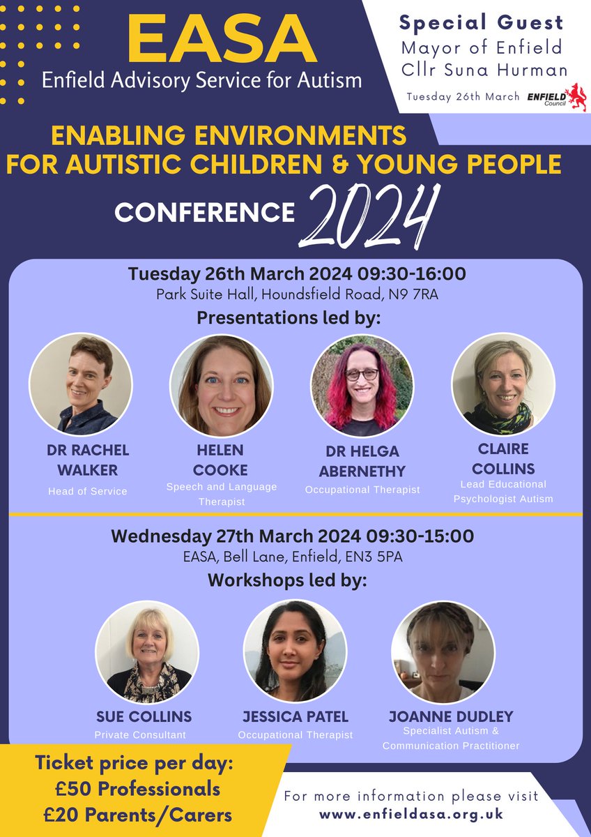 EASA's 2024 conference is tomorrow &amp; there's still time to purchase your tickets. 

Professionals and Parents welcome (adults only.)

For more information and to book your ticket, please visit enfieldasa.org.uk/EASA-Conferenc…