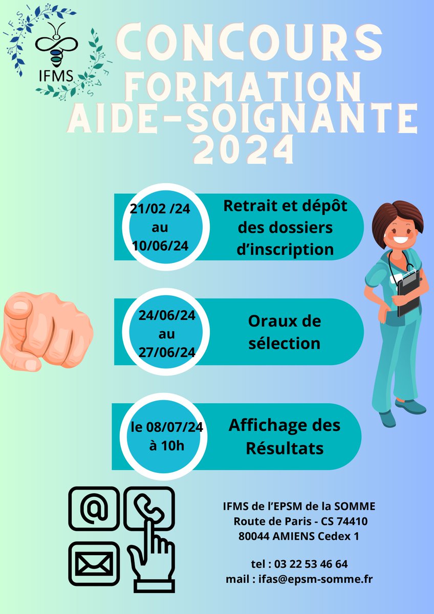 EPSMSomme's tweet image. [CONCOURS IFAS]
Vous rêvez de devenir aide-soignant(e) ? Inscrivez-vous au #concours de l&apos;#IFAS de l’EPSM de la Somme !
📅 Déposez votre dossier jusqu’au 10 juin 2024
💬 Oraux de sélection du 24 au 27 juin
💯 Résultats à partir du 8 juillet
#formation #aidesoignante #aidesoignant
